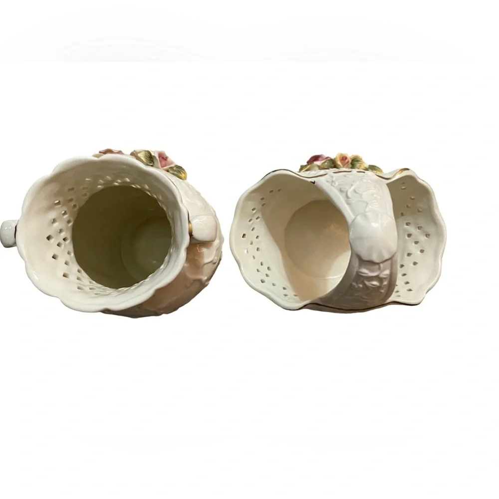 Capodimonte‎ Style Porcelain Vase And Basket Lattice Top White Gold Trim